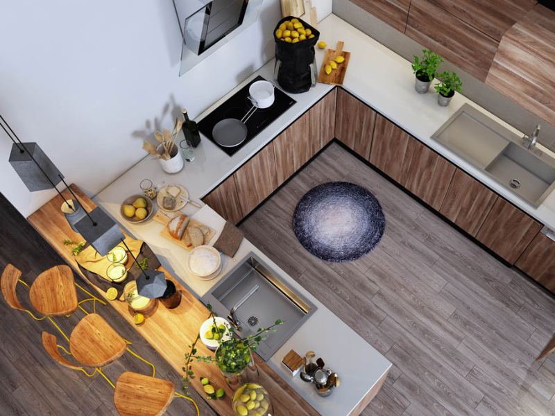 Phòng khách liền bếp 15m2 thiết kế theo hình chữ U