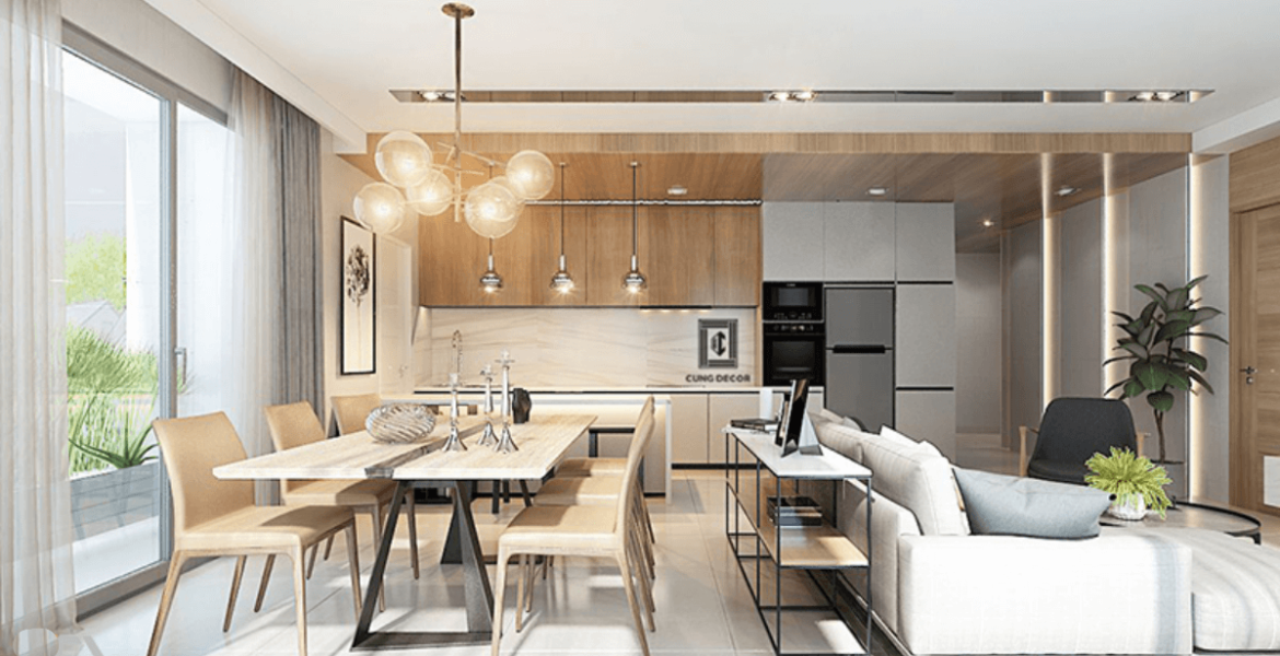 Phòng khách liền bếp 15m2 thiết kế theo hình chữ U